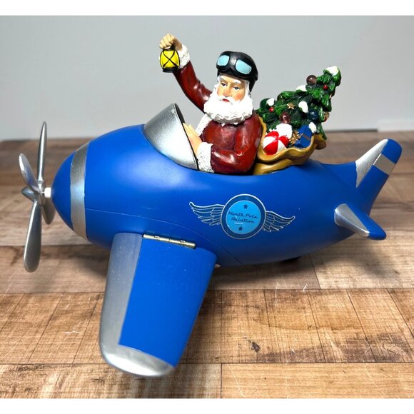 Roman 11.5" Musical Santa Christmas Figure in Blue Plane Rotating Propeller - Picture 1 of 9